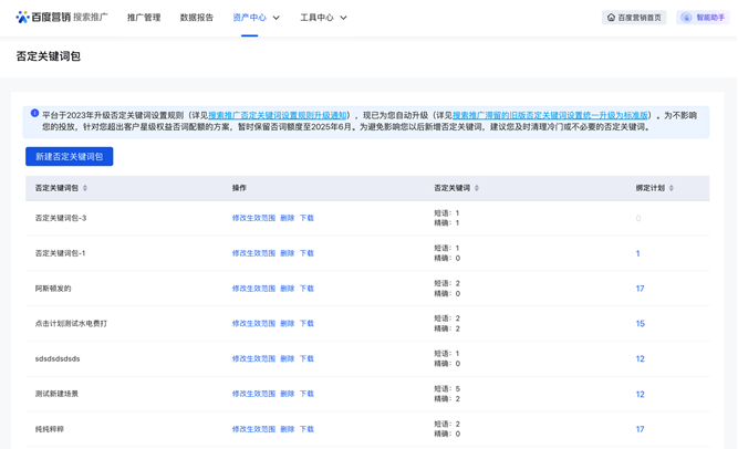 搜索推广滞留的旧版否定关键词设置统一升级为标准版